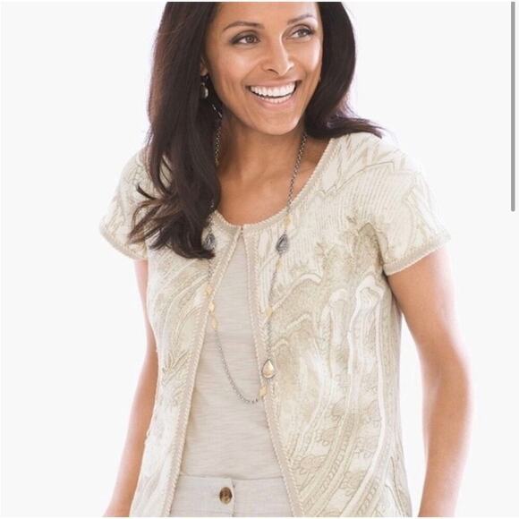 Chico's Sweaters - Chico's Womens Baroque Embellished Cardigan Sweater Short Sleeve Cream 0/S